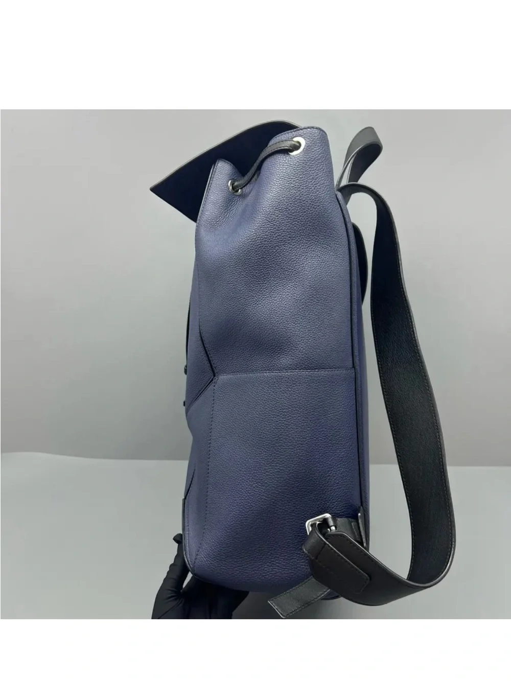 Loewe Navy Pebbled Leather Drawstring Backpack with Black Straps